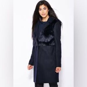 TopShop Longline Pea Coat Faux Fur Wool Blend Navy Sz Us 8